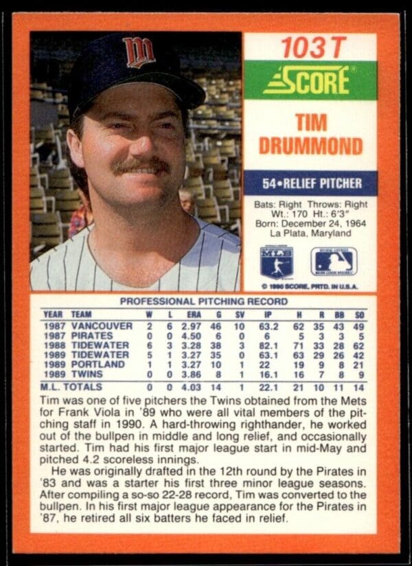1990 Score Rookie & Traded Minnesota Twins #103T Tim Drummond