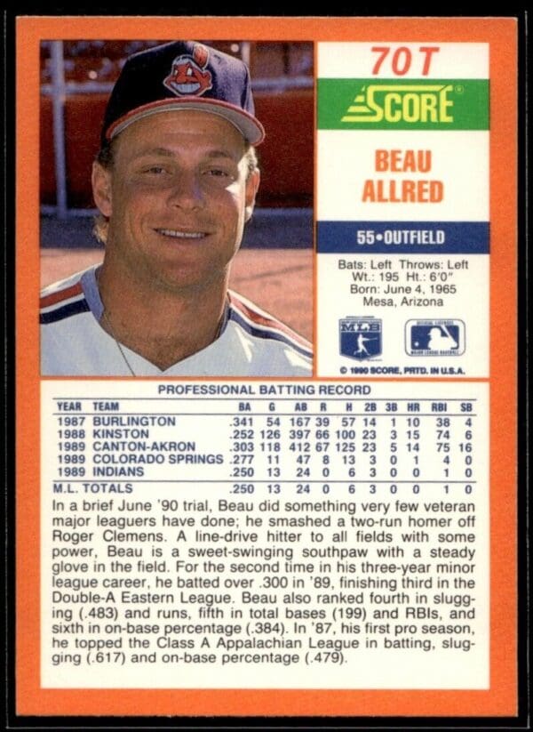 1990 Score Rookie & Traded Cleveland Indians #70T Beau Allred