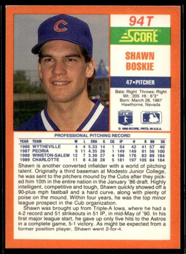 1990 Score Rookie & Traded Chicago Cubs #94T Shawn Boskie RC Rookie
