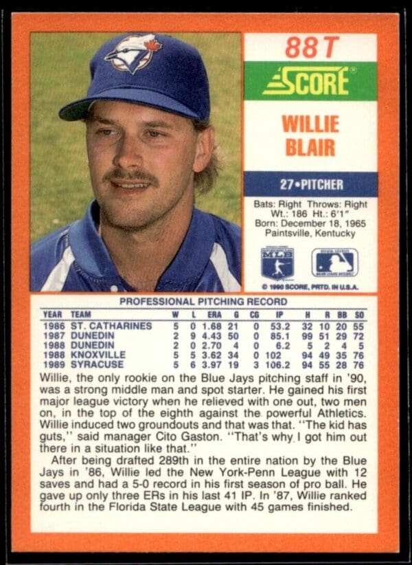 1990 Score Rookie & Traded Toronto Blue Jays #88T Willie Blair RC Rookie