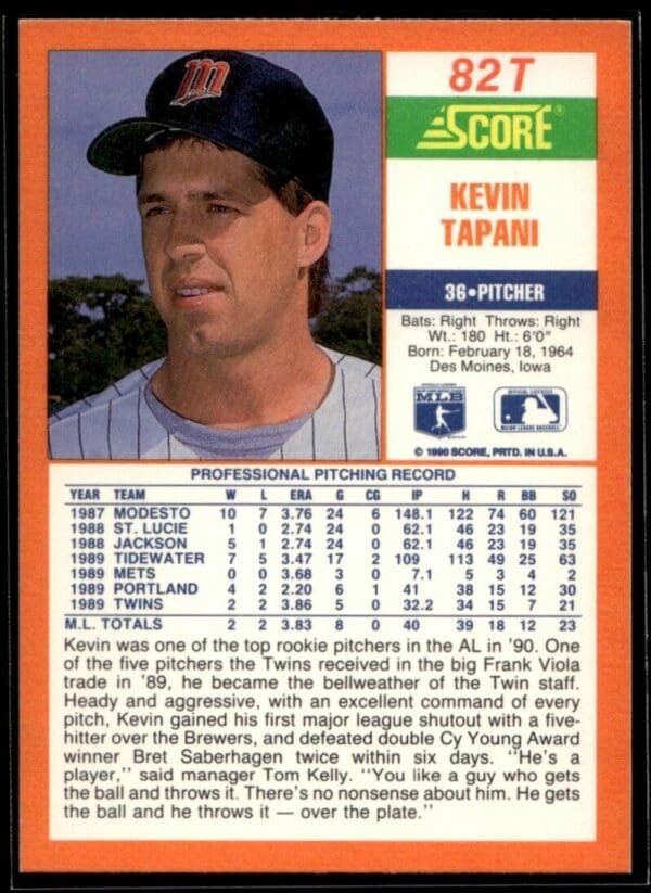 _10 1990 Score Rookie & Traded Minnesota Twins #82T Kevin Tapani