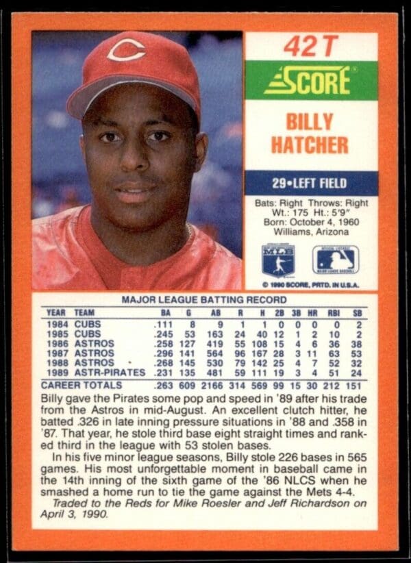 _10 1990 Score Rookie & Traded Cincinnati Reds #42T Billy Hatcher