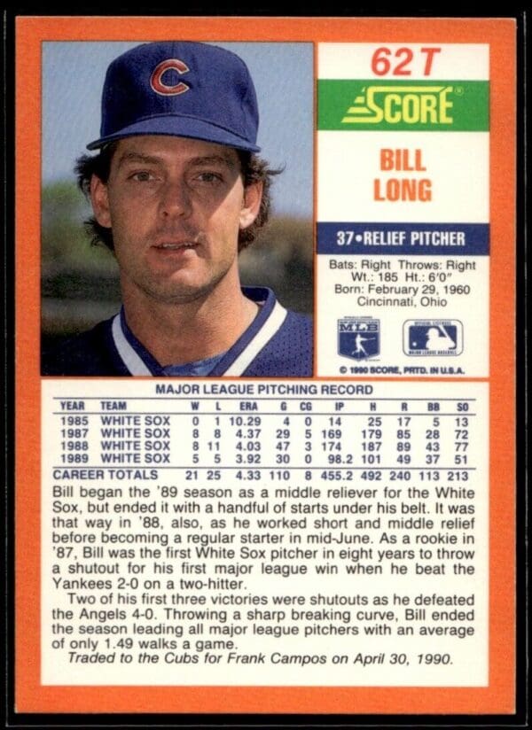 1990 Score Rookie & Traded Chicago Cubs #62T Bill Long