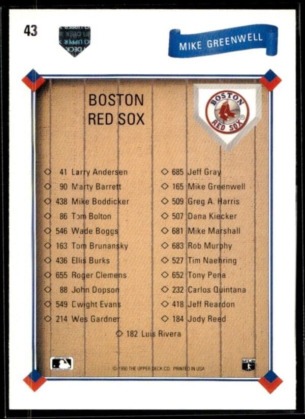 _10 1991 Upper Deck Team Logo Holograms Boston Red Sox #43 Mike Greenwell