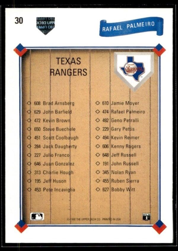 1991 Upper Deck Team Logo Holograms Texas Rangers #30 Rafael Palmeiro