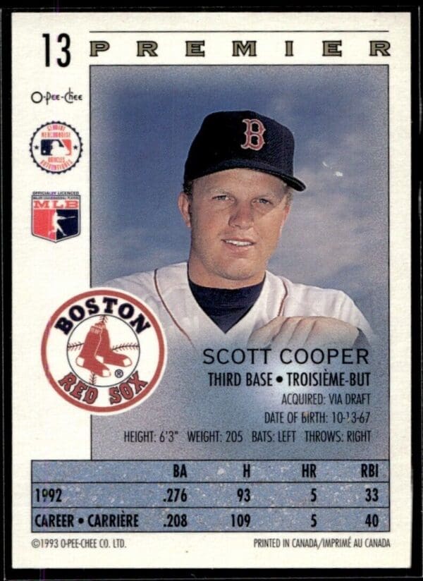 1993 O-Pee-Chee Premier Boston Red Sox #13 Scott Cooper