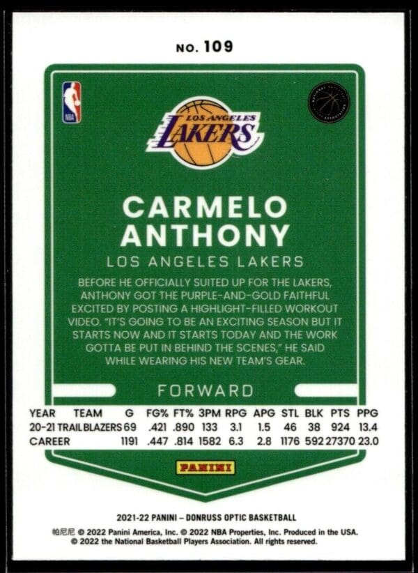 2021 Donruss Optic Los Angeles Lakers #109 Carmelo Anthony