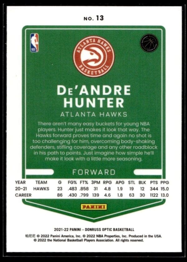 2021 Donruss Optic Atlanta Hawks #13 De'Andre Hunter
