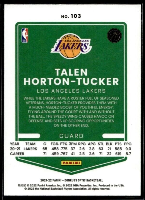 2021 Donruss Optic Los Angeles Lakers #103 Talen Horton-Tucker