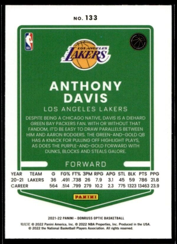 2021 Donruss Optic Los Angeles Lakers #133 Anthony Davis