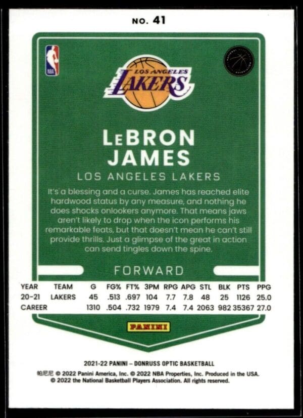 2021 Donruss Optic Los Angeles Lakers #41 LeBron James