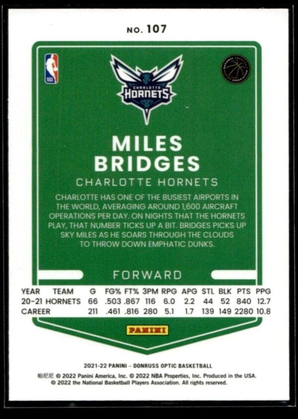 2021 Donruss Optic Charlotte Hornets #107 Miles Bridges