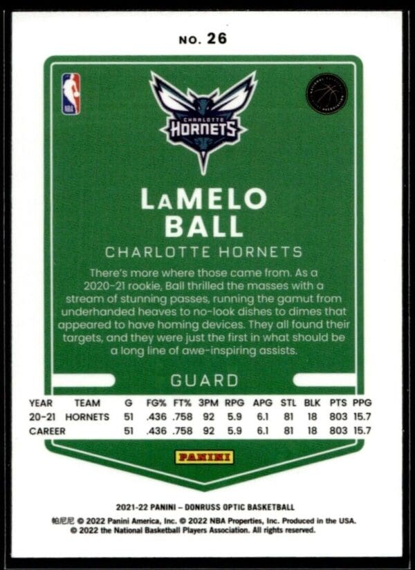 2021 Donruss Optic Charlotte Hornets #26 LaMelo Ball
