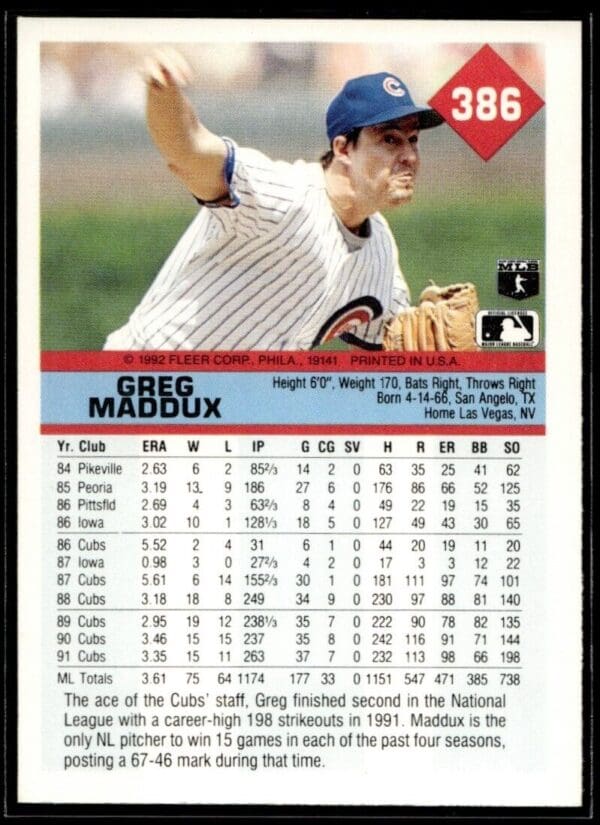 1992 Fleer Chicago Cubs #386 Greg Maddux