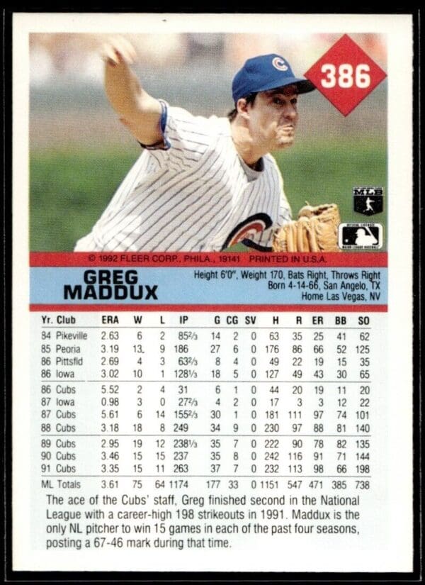 1992 Fleer Chicago Cubs #386 Greg Maddux