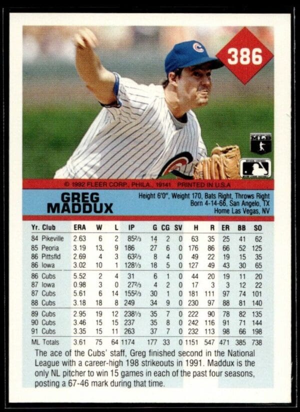 1992 Fleer Chicago Cubs #386 Greg Maddux