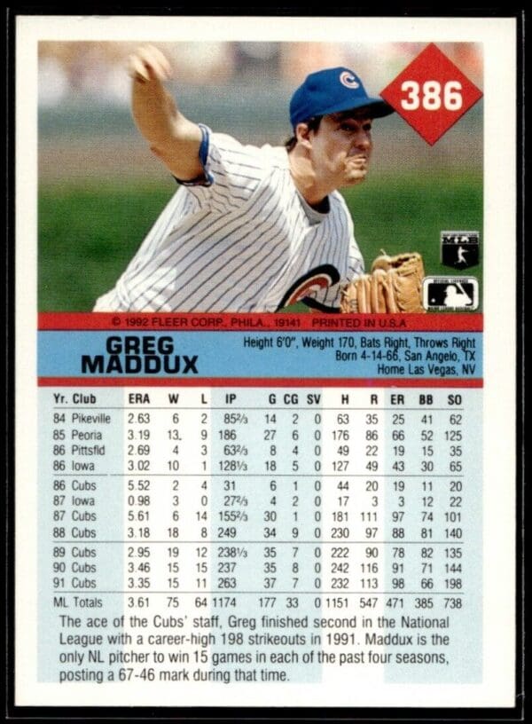 1992 Fleer Chicago Cubs #386 Greg Maddux