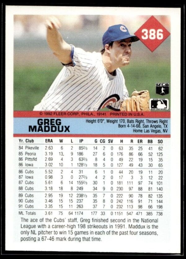 1992 Fleer Chicago Cubs #386 Greg Maddux