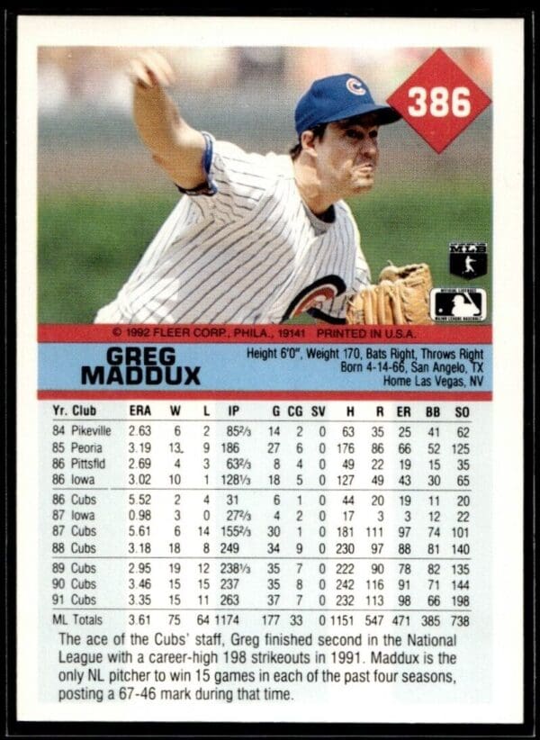 1992 Fleer Chicago Cubs #386 Greg Maddux