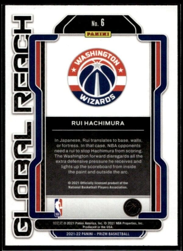 2021 Panini Prizm Global Reach Washington Wizards #6 Rui Hachimura