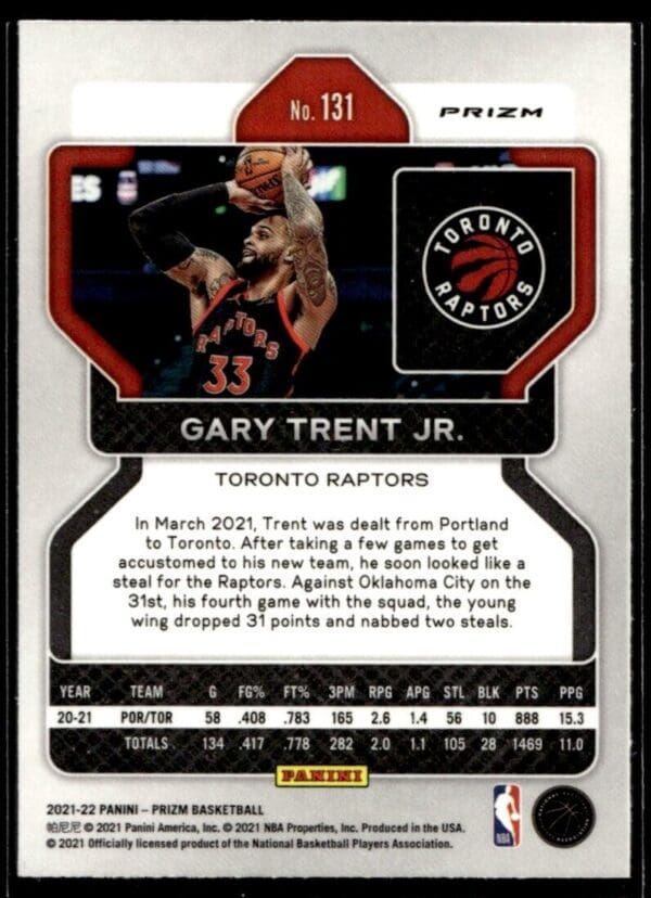 2021 Panini Prizm Toronto Raptors #131 Gary Trent Jr. Cracked Ice