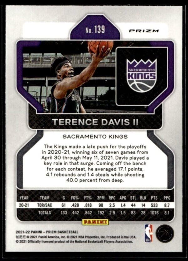 2021 Panini Prizm Sacramento Kings #139 Terence Davis II Cracked Ice