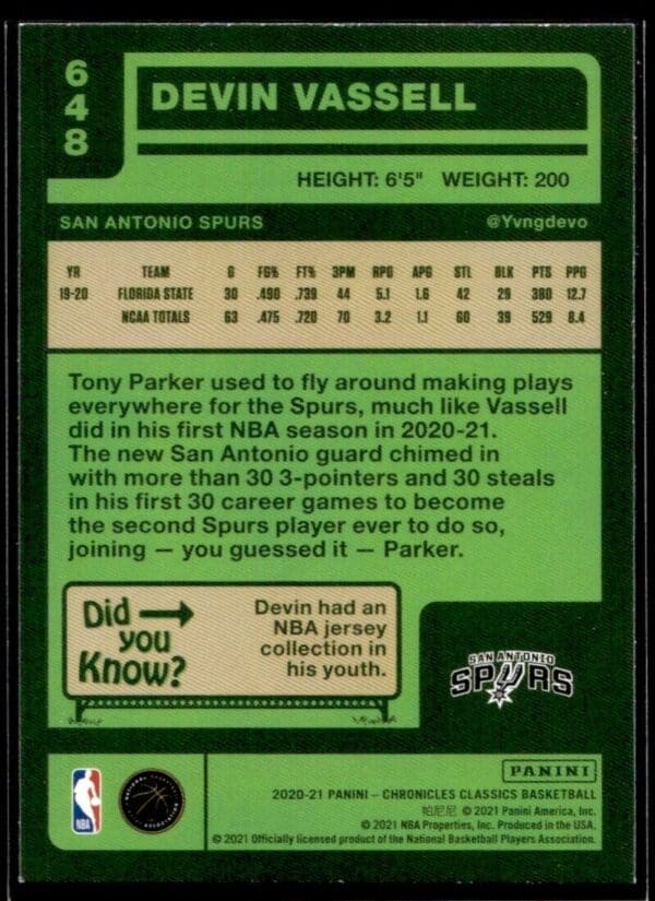 2020 Panini Chronicles Classics San Antonio Spurs #648 Devin Vassell RC Rookie