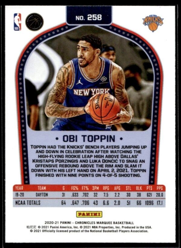 2020 Panini Chronicles Marquee New York Knicks #258 Obi Toppin RC Rookie