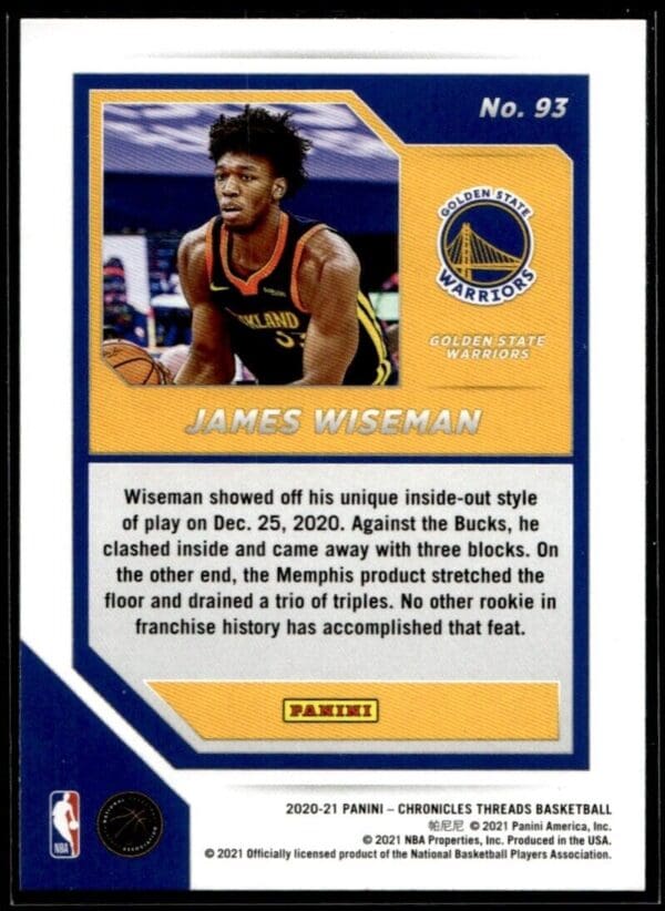2020 Panini Chronicles Threads Golden State Warriors #93 James Wiseman RC Rookie