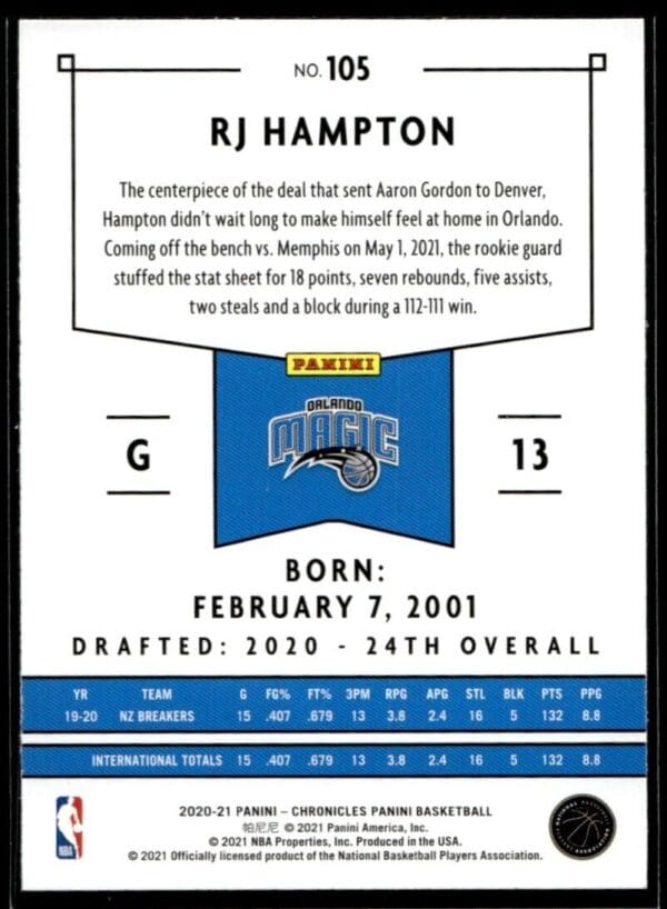 2020 Panini Chronicles Orlando Magic #105 RJ Hampton RC Rookie