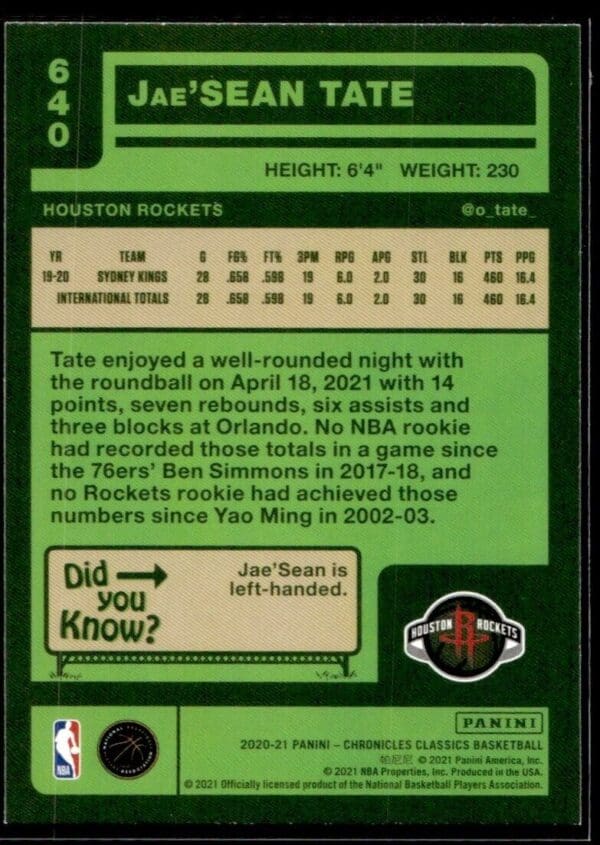2020 Panini Chronicles Classics Houston Rockets #640 Jae'Sean Tate RC Rookie