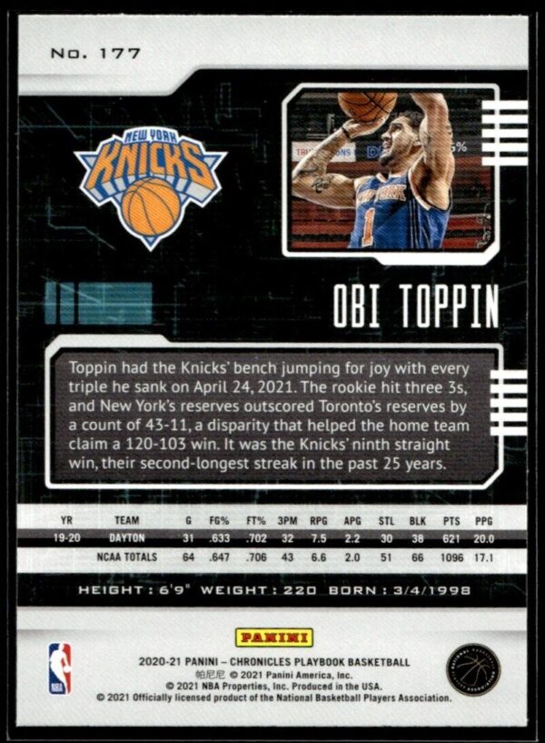 2020 Panini Chronicles Playbook New York Knicks #177 Obi Toppin RC Rookie