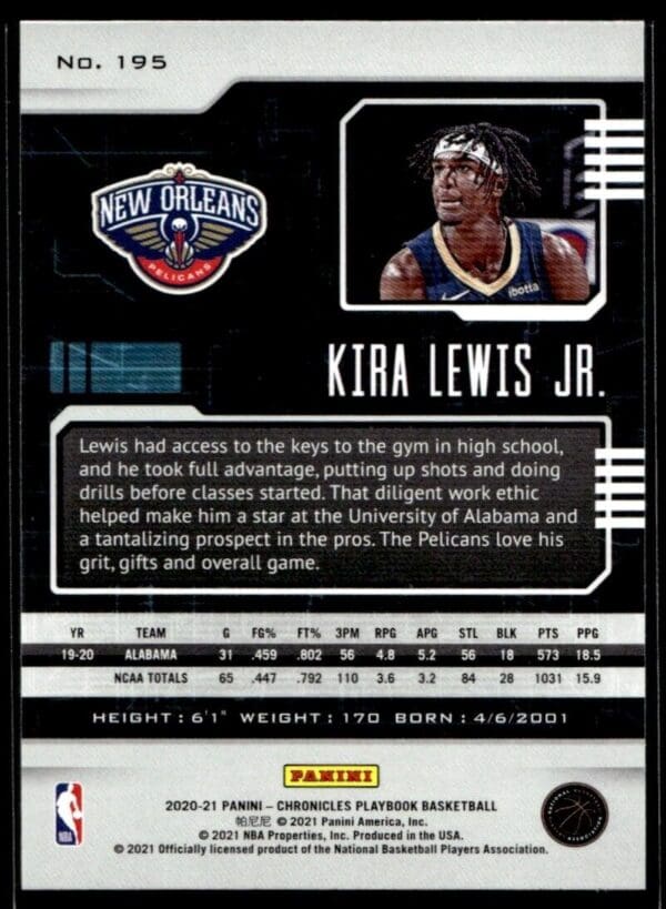 2020 Panini Playbook New Orleans Pelicans #195 Kira Lewis Jr. RC Rookie