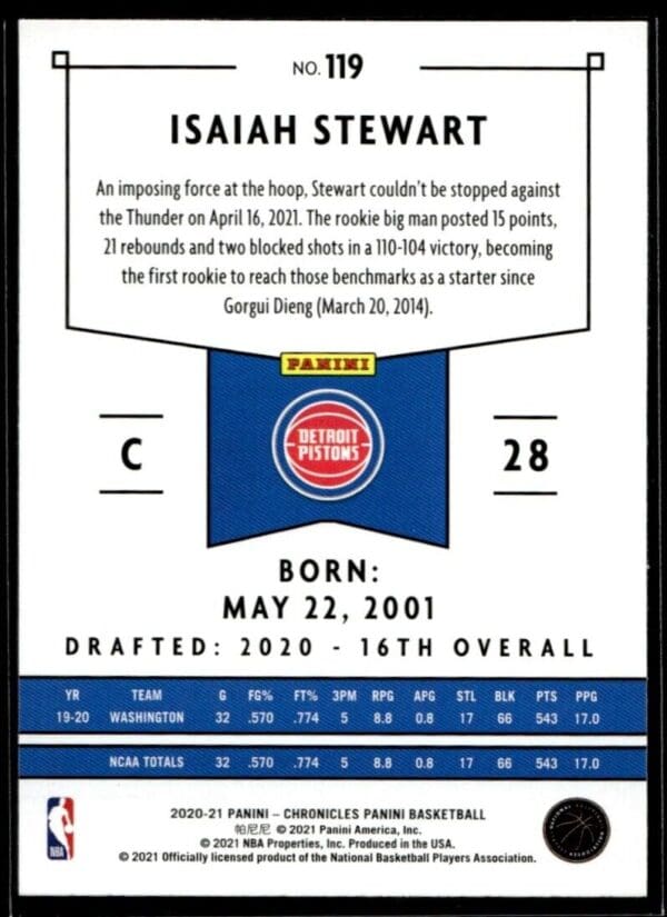 2020 Panini Chronicles Detroit Pistons #119 Isaiah Stewart RC Rookie