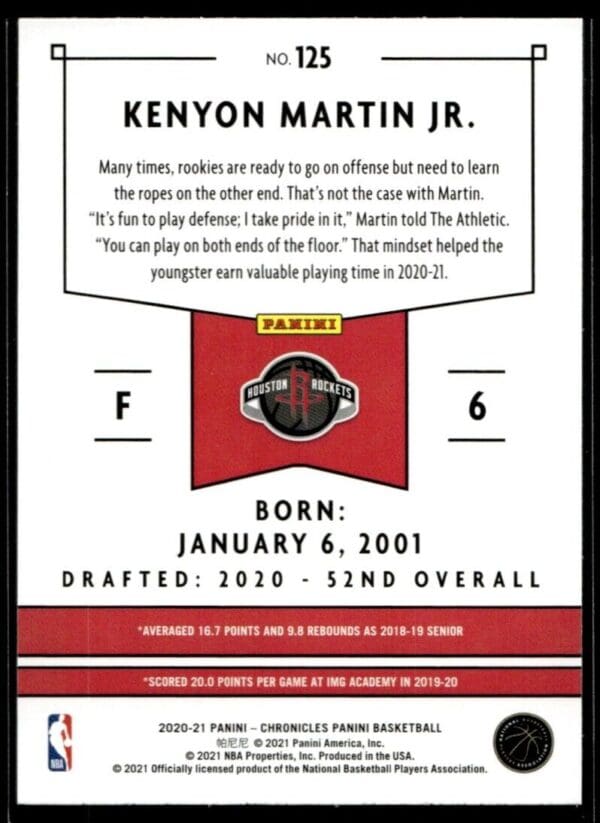 2020 Panini Chronicles Houston Rockets #125 Kenyon Martin Jr. RC Rookie