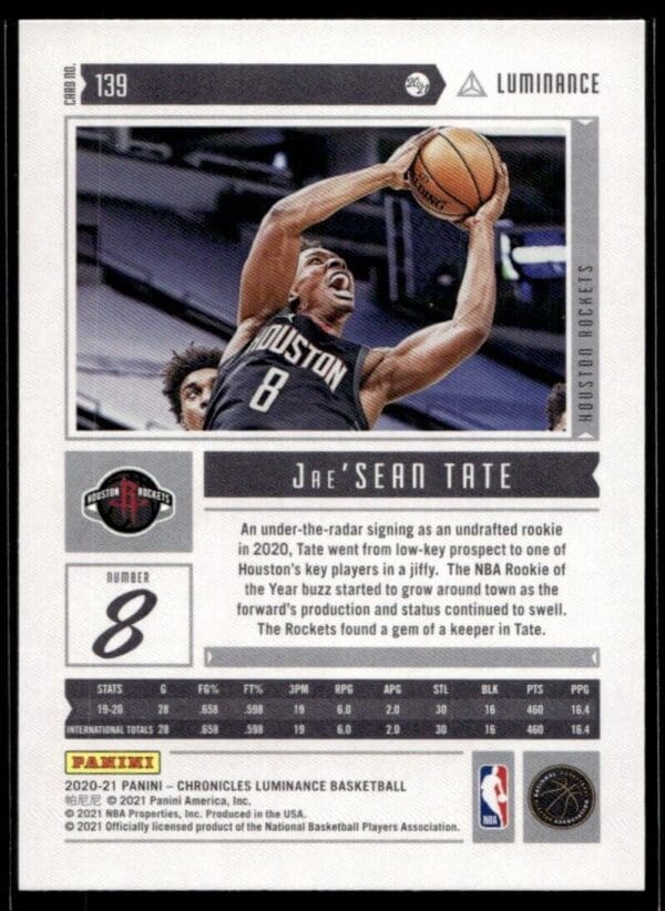 2020 Panini Chronicles Luminance Houston Rockets #139 Jae'Sean Tate RC Rookie