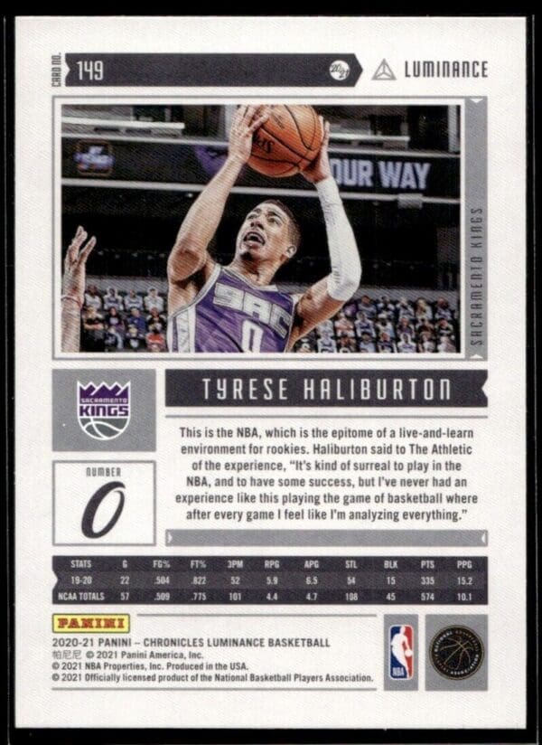 2020 Panini Luminance Sacramento Kings #149 Tyrese Haliburton RC Rookie