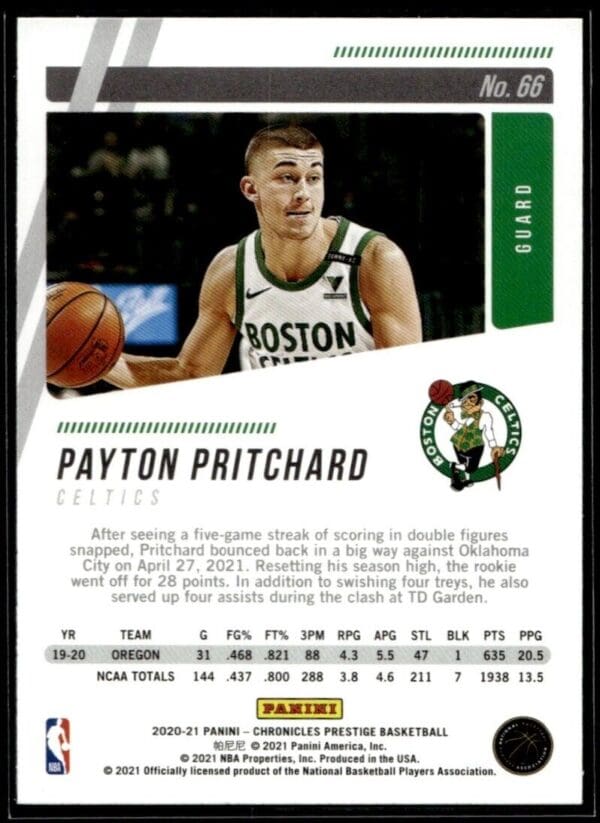 2020 Panini Chronicles Prestige Boston Celtics #66 Payton Pritchard RC Rookie