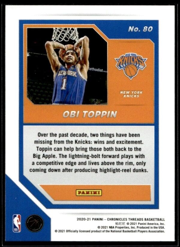 2020 Panini Chronicles Threads New York Knicks #80 Obi Toppin RC Rookie