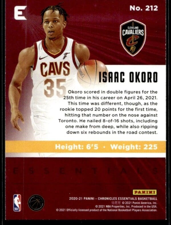 2020 Panini Chronicles Essentials Cleveland Cavaliers #212 Isaac Okoro RC Rookie
