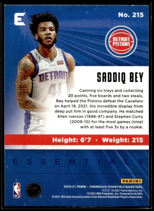 2020 Panini Chronicles Essentials Detroit Pistons #215 Saddiq Bey RC Rookie