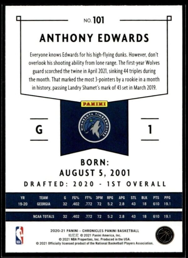 2020 Panini Chronicles Minnesota Timberwolves #101 Anthony Edwards RC Rookie
