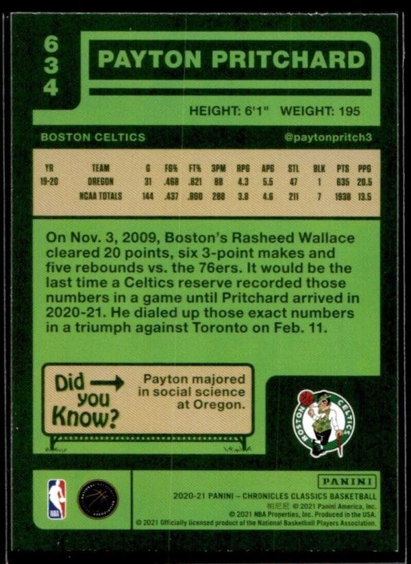 2020 Panini Chronicles Classics Boston Celtics #634 Payton Pritchard RC Rookie