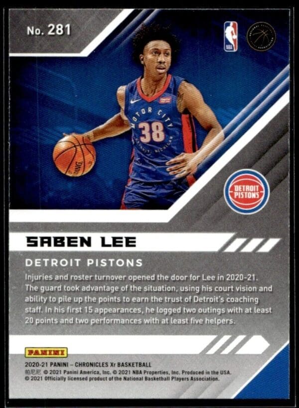 2020 Panini Chronicles XR Detroit Pistons #281 Saben Lee RC Rookie