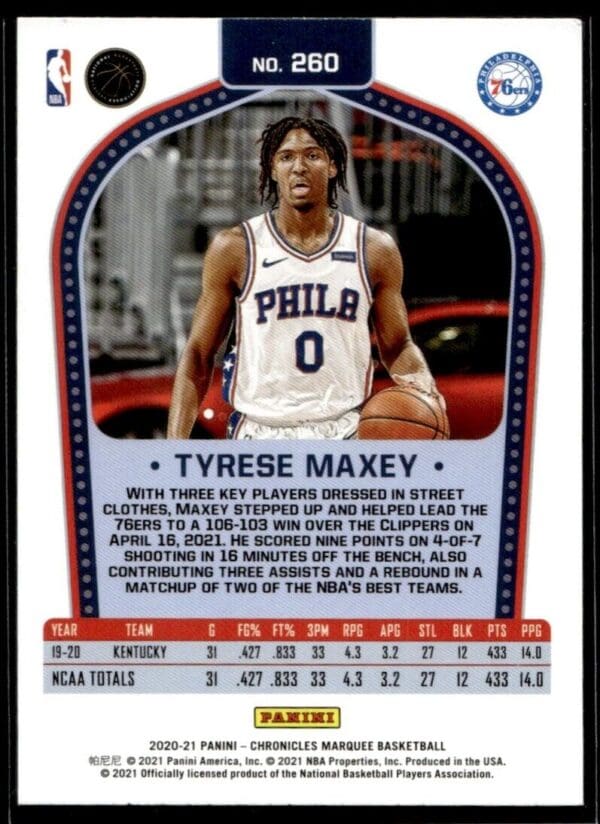 2020 Panini Chronicles Marquee Philadelphia 76ers #260 Tyrese Maxey RC Rookie