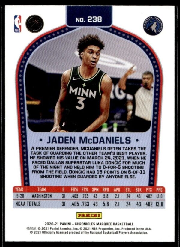 2020 Panini Marquee Minnesota Timberwolves #238 Jaden McDaniels RC Rookie