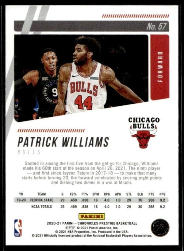 2020 Panini Chronicles Prestige Chicago Bulls #57 Patrick Williams RC Rookie
