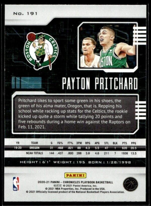2020 Panini Chronicles Playbook Boston Celtics #191 Payton Pritchard RC Rookie