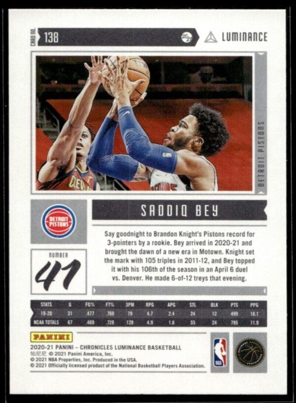 2020 Panini Chronicles Luminance Detroit Pistons #138 Saddiq Bey RC Rookie