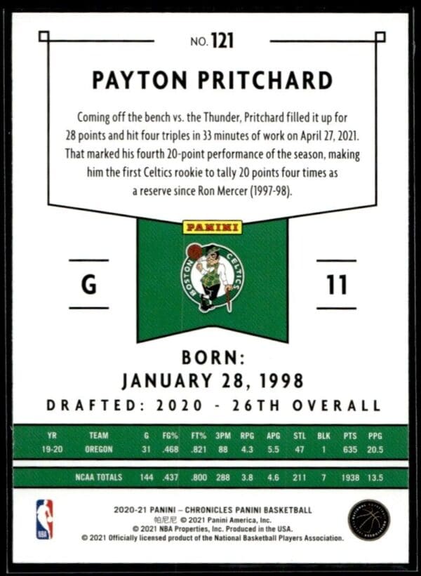 2020 Panini Chronicles Boston Celtics #121 Payton Pritchard RC Rookie